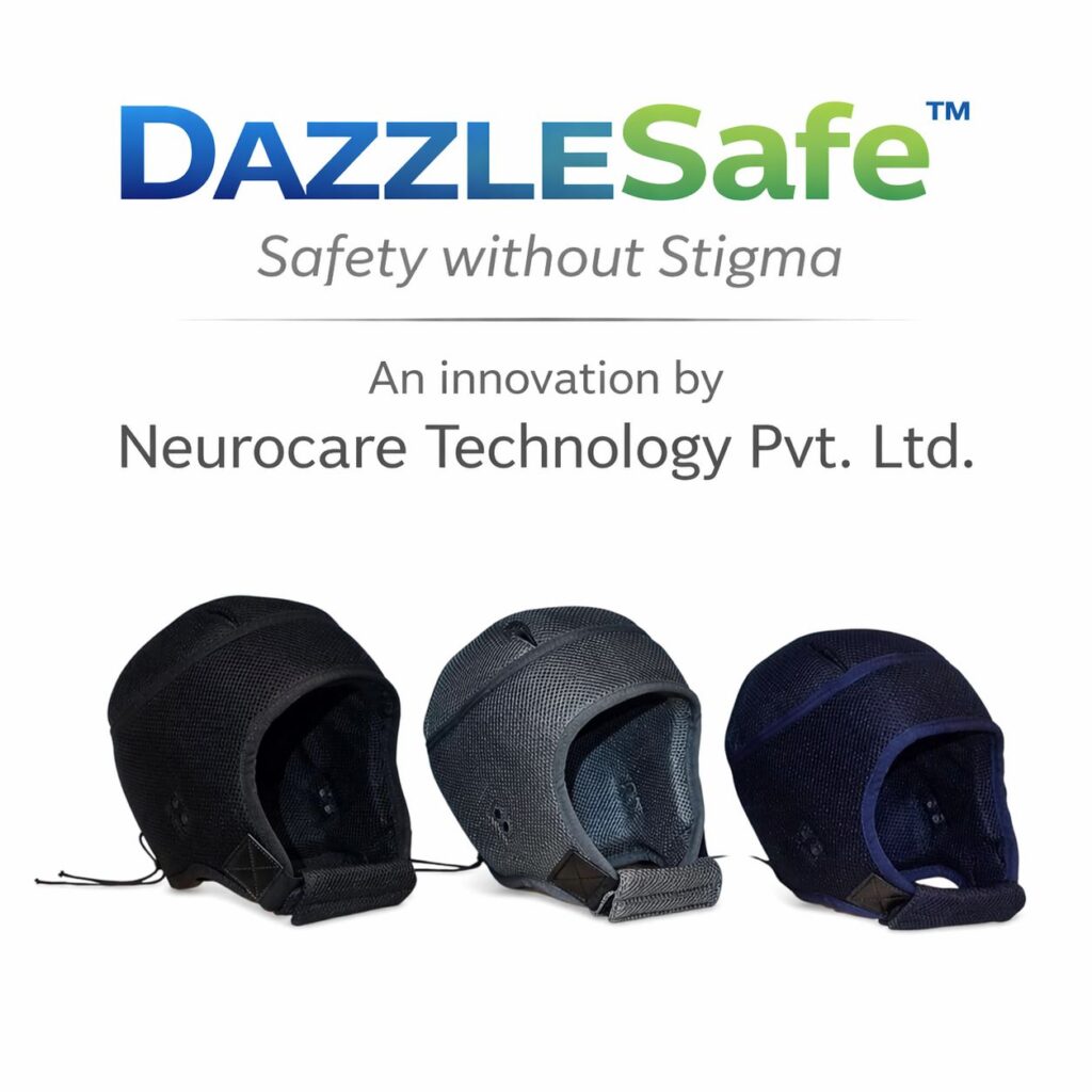 DazzleSafe epilepsy helmet collection with branding and product lineup