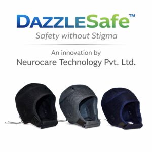 DazzleSafe epilepsy helmet collection with branding and product lineup