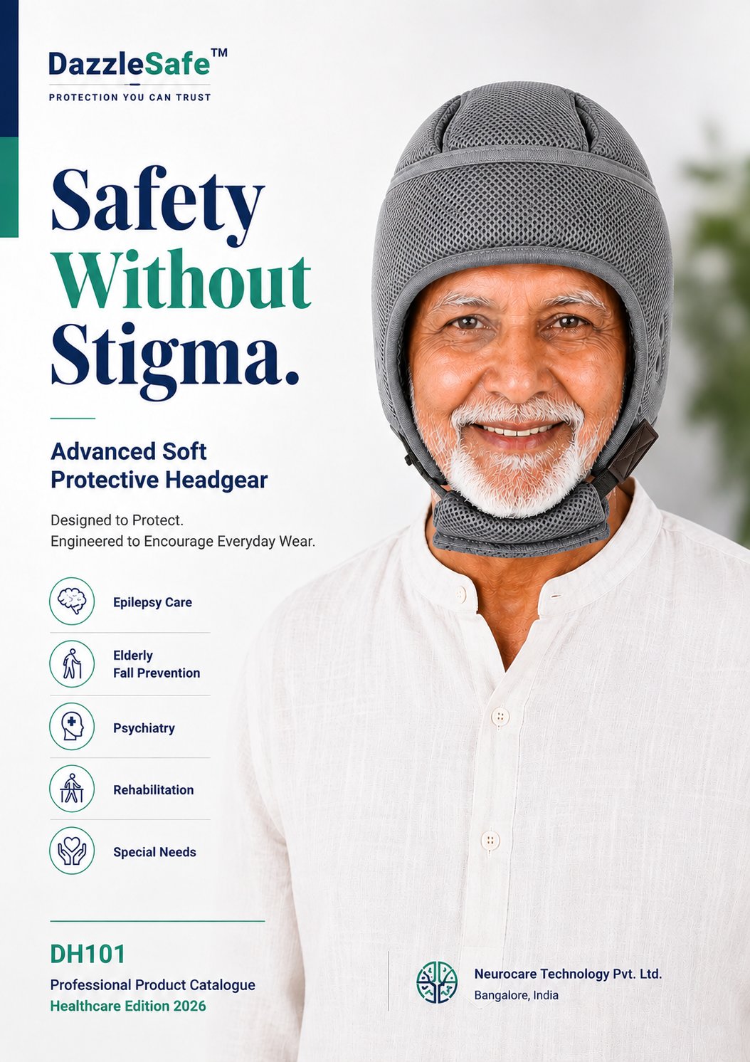 DazzleSafe — Safety Without Stigma. Elderly person wearing grey DazzleSafe headgear.